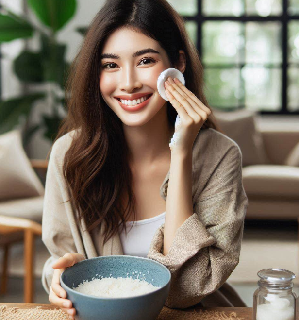 Mujer aplica agua de arroz en el rostro