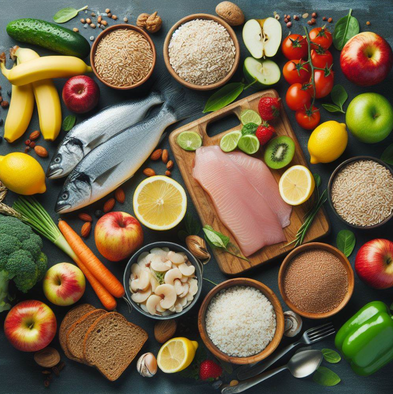 Una mesa con frutas como manzanas, limones y verduras, granos como arroz, avena, pan integral, carnes como el pollo, pescado
