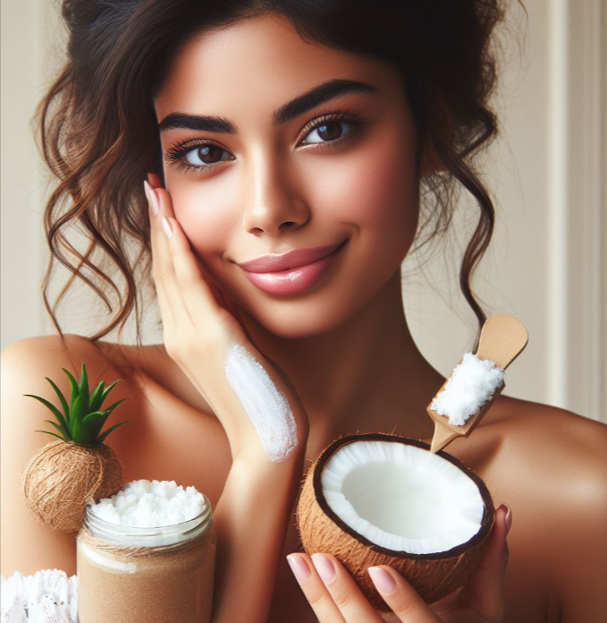 Mujer aplicando crema de bicarbonato de sodio y aceite de coco en la piel