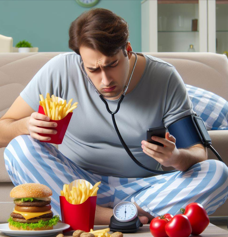 Hombre con vida sedentaria que consume comida chatarra y tiene la presión arterial alta