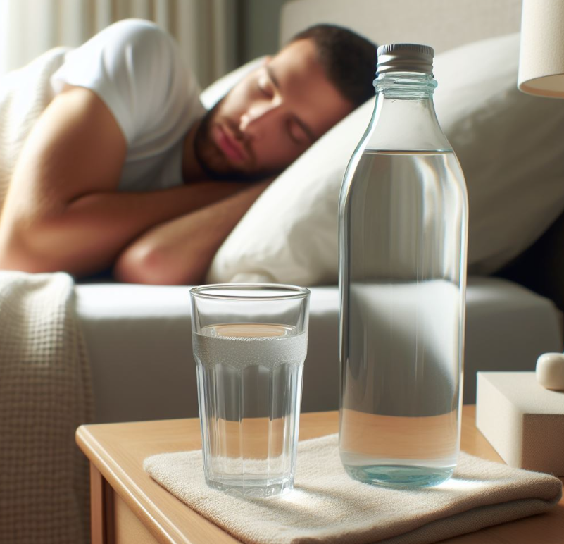 Vaso de agua y botella de agua tapada cerca de la cama al dormir