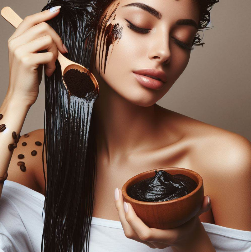 Mujer aplica mascarilla de café para el crecimiento del cabello