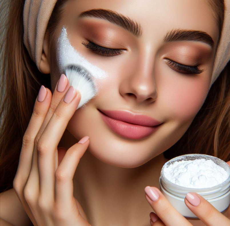 Mujer joven aplica crema de bicarbonato de sodio en el rostro