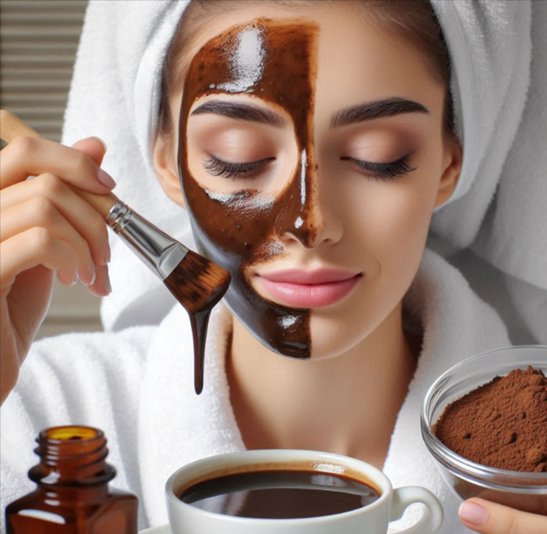 Mujer aplicando mascarilla de mezcla de café líquido y maicena en su rostro