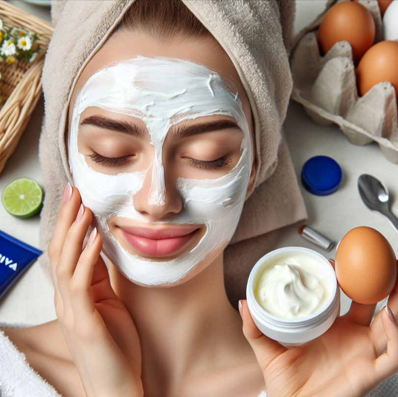 Mujer aplicando mascarilla facial con huevo y crema Nivea