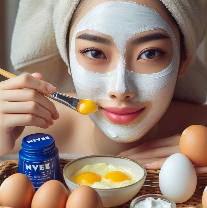 Mujer preparando mascarilla facial con huevo y crema Nivea