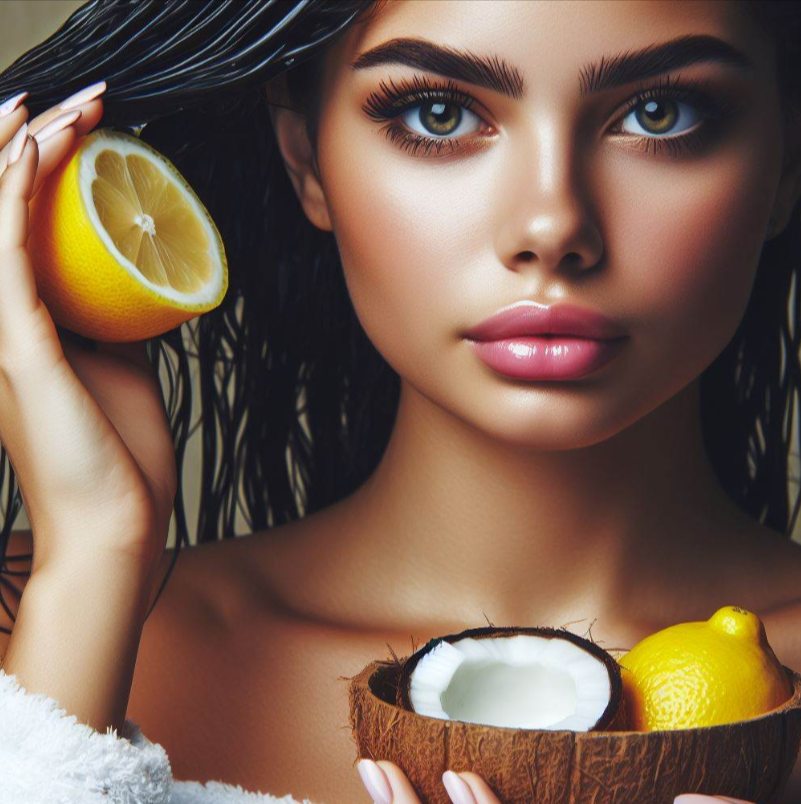 Persona aplicando mascarilla de aceite de coco y jugo de limón en su cabello