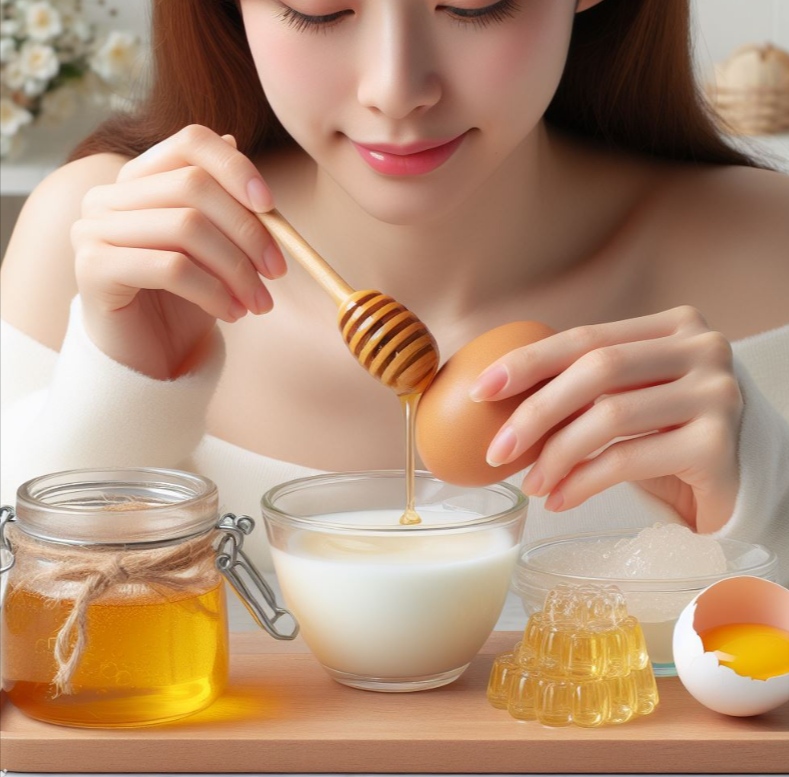 Mujer que toma miel, clara de huevo y gelatina para eliminar la flacidez de la piel