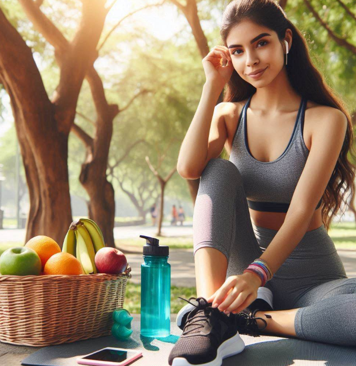 Persona vestida con ropa deportiva que realiza ejercicio en un parque con árboles y al lado una botella de agua y una cesta de frutas