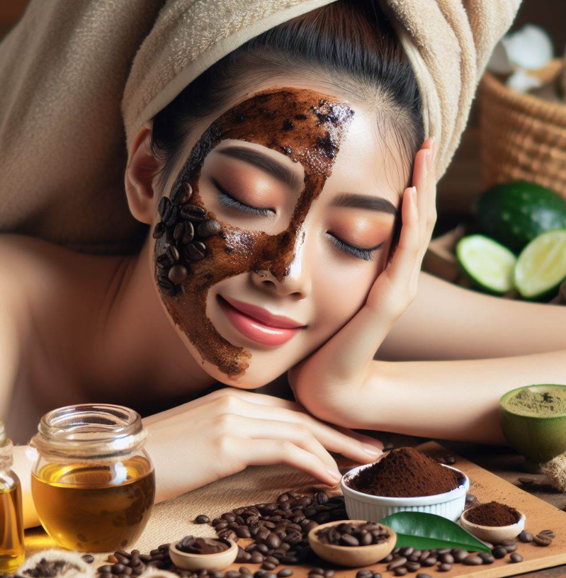 Mujer que aplica mascarilla de café y aceites naturales en el rostro, frente a ella sobre una mesa están los aceites naturales y el café en polvo