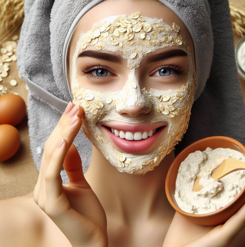 Mujer que aplica mascarilla de avena, huevo y leche en el rostro