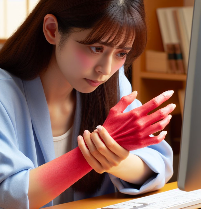 Persona que pasa mucho tiempo en la computadora y tiene entumecida la mano, la mano se ve de color rojizo