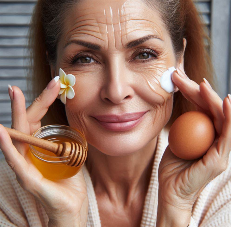 Mujer de 50 años con arrugas aplicando mascarilla de huevo y miel en el rostro
