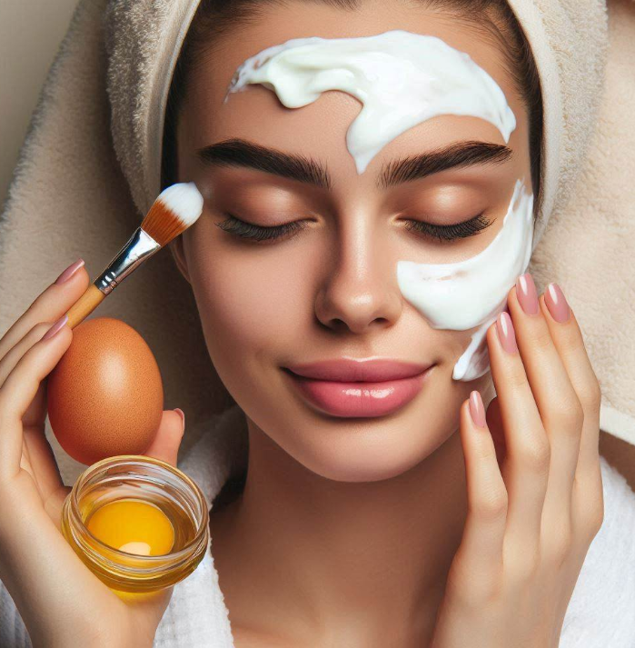 Mujer con mascarilla de clara de huevo y aceite de bebe para eliminar las arrugas