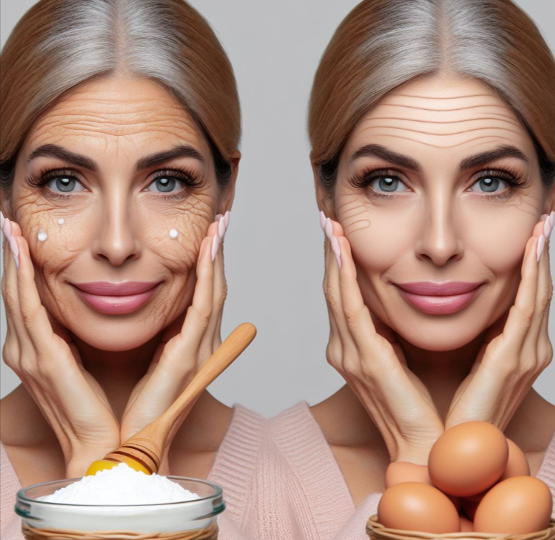 Mujer con arrugas vs sin arrugas que tiene mascarilla de maicena y huevo en sus manos