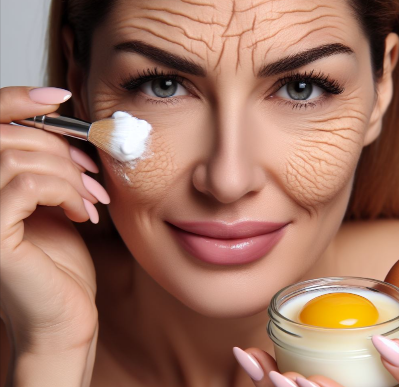 Mujer con arrugas aplicando crema de maicena y huevo en su rostro
