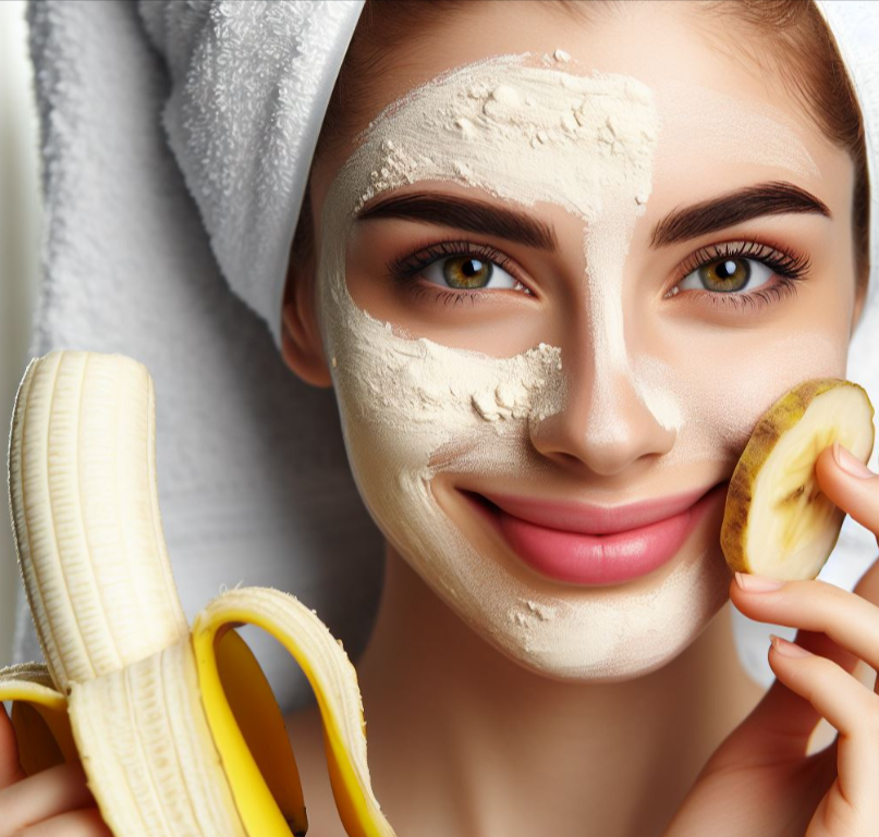 Mujer aplica mascarilla de plátano y maicena en su rostro