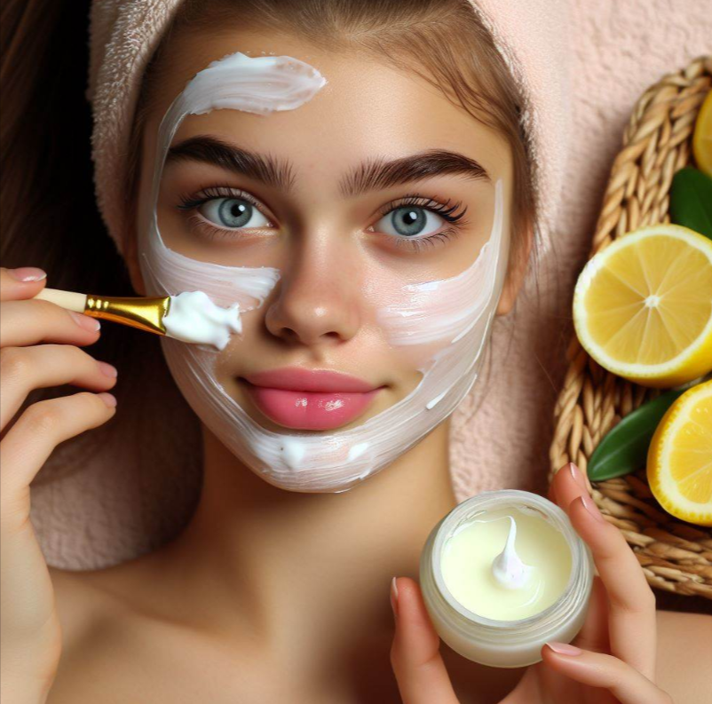 Chica aplicando una mascarilla de vaselina, limón y aceite de coco en su rostro