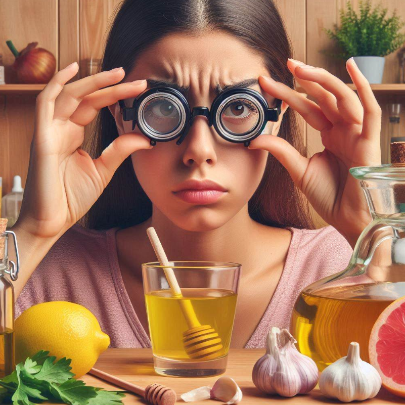 Persona que usa gafas mejorando su visión tomando una cucharada de remedio casero con limón, ajo, aceite de oliva y miel de abejas