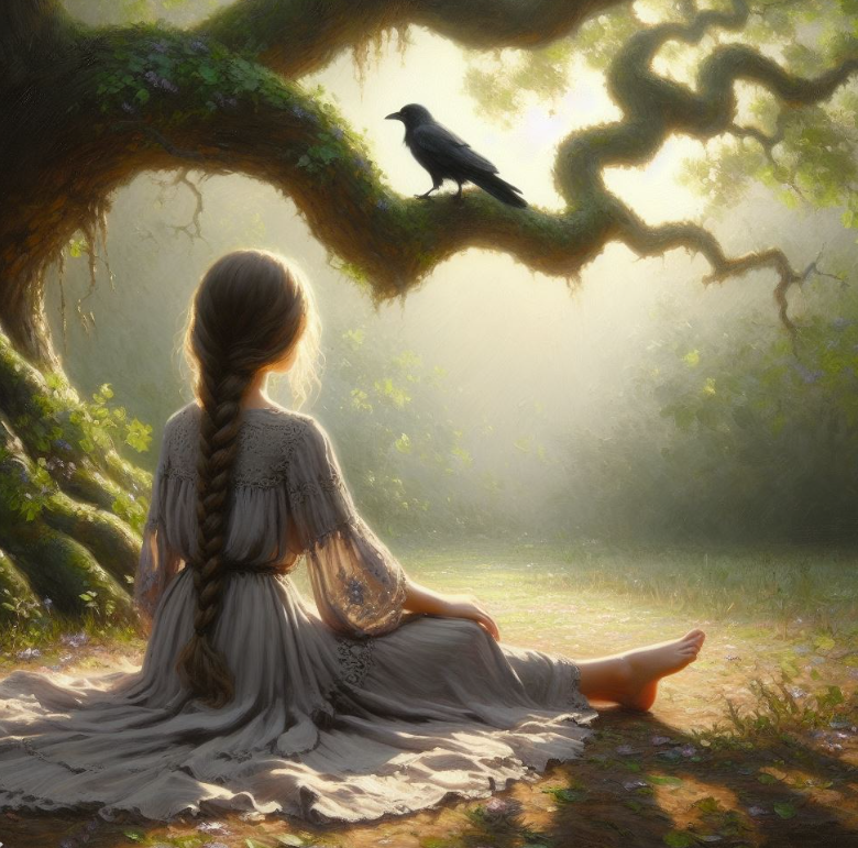Niña sentada debajo de un árbol con el cuervo
