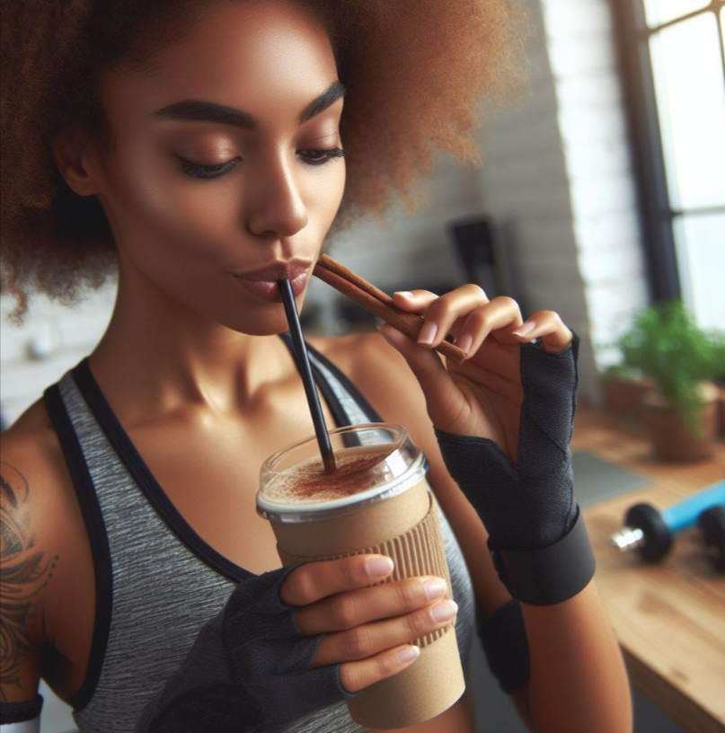 Mujer con atractivo físico deportivo tomando café con canela