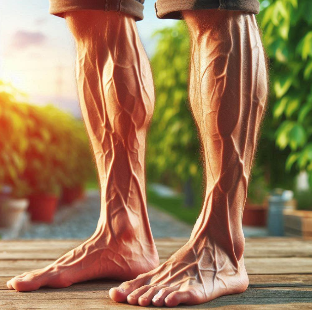 Una persona de pie con las piernas en primer plano mostrando venas inflamadas