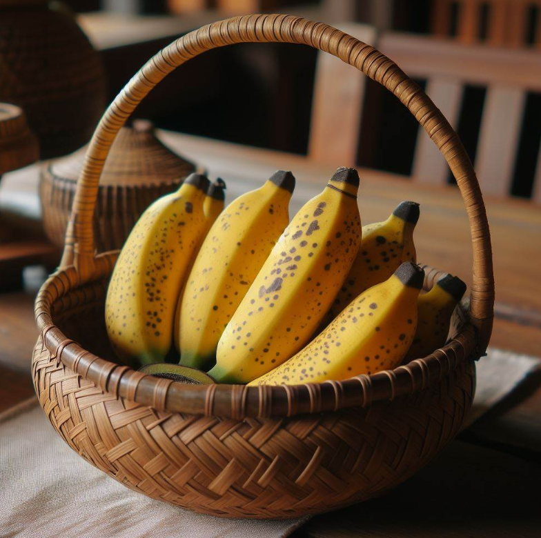Un plátano maduro en una cesta sobre la mesa