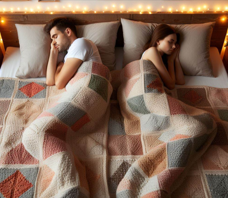Una pareja durmiendo en la misma cama pero cada uno en extremos diferentes y de espaldas el uno al otro