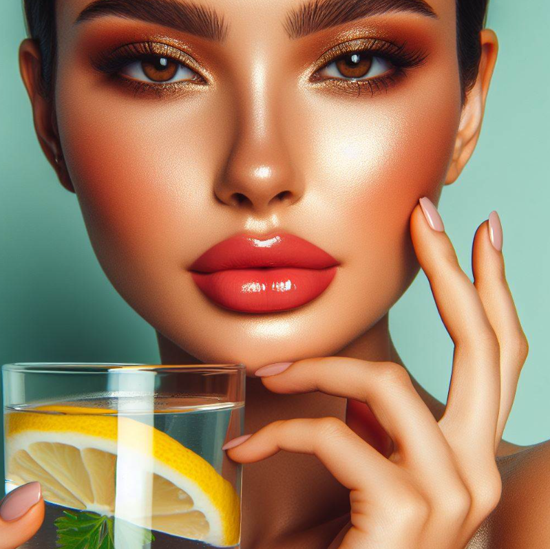 Mujer con rostro liso y maquillaje sobresaliente sosteniendo un vaso de agua con limón