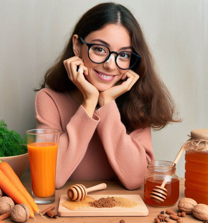 Persona con espejuelos y frente en una mesa, nuez moscada, miel y jugo de zanahoria