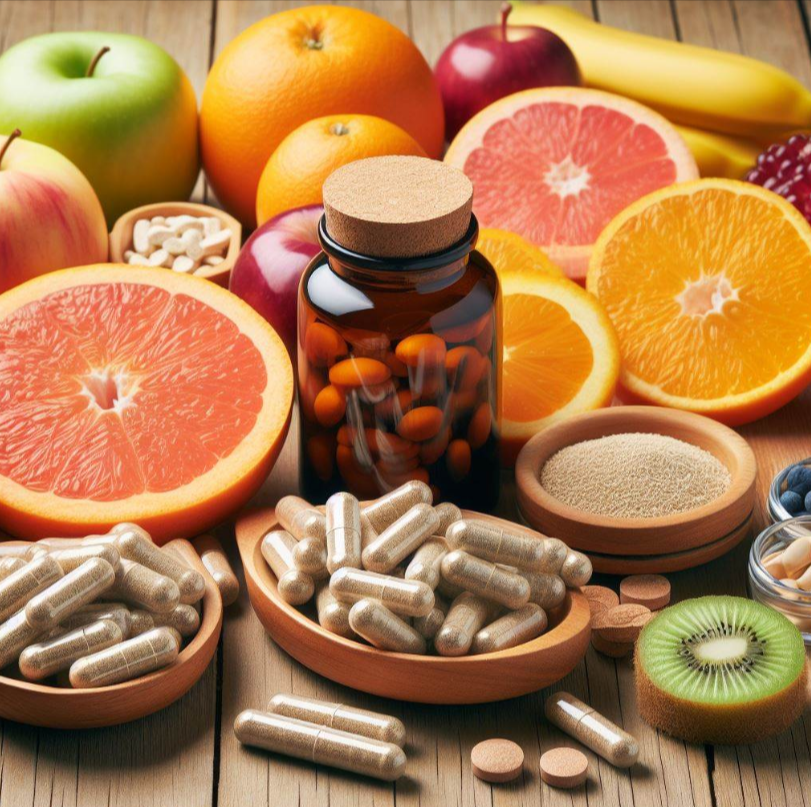 Tabletas de vitamina c, suplementos de fibra y enzimas digestivas