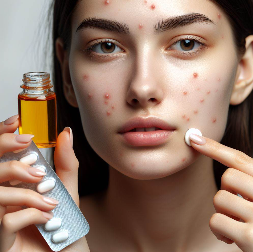 Mujer con manchas y acné en la cara que aplica vitamina E