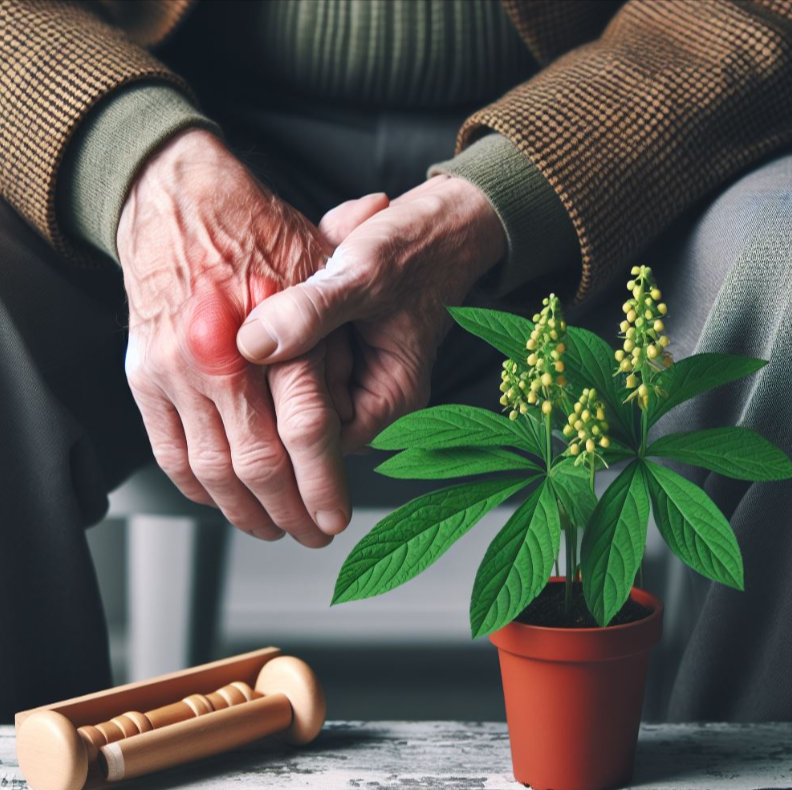Persona con artritis sosteniendo una planta de Zarzaparrilla